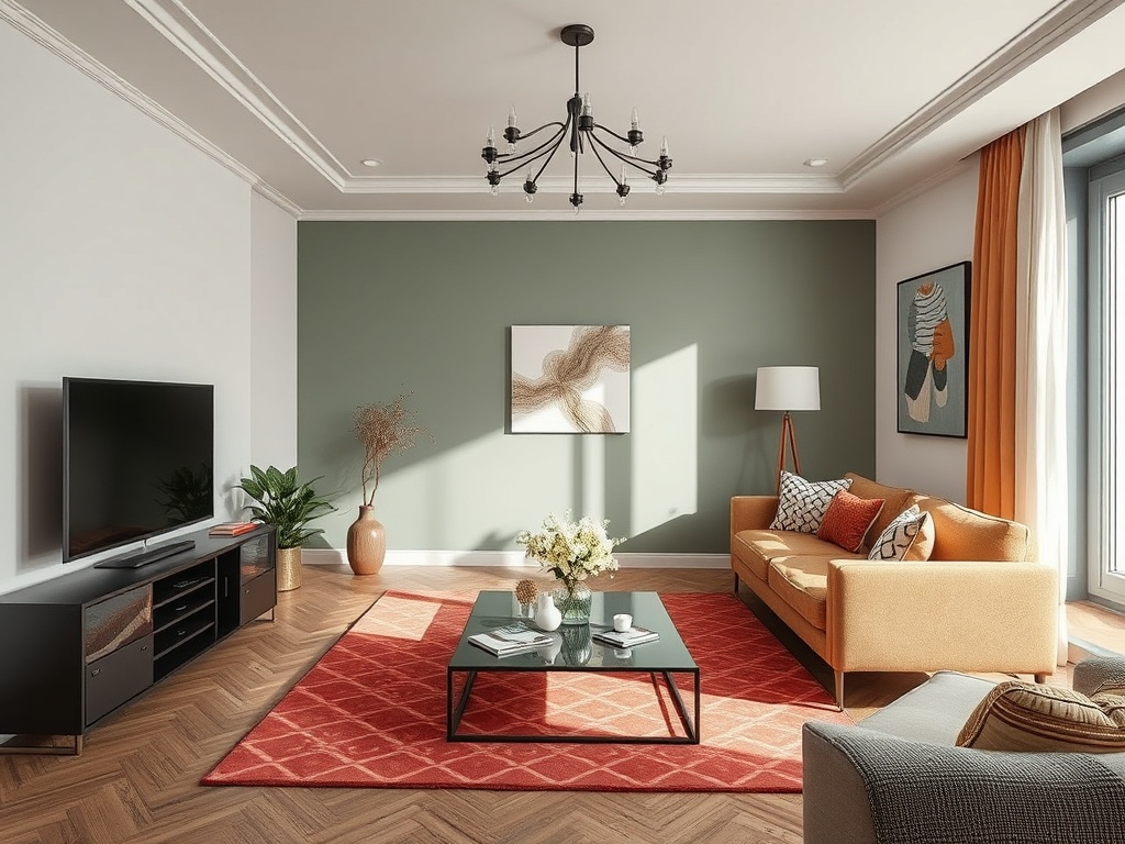 Современная гостиная с зеленой стеной, уютным диваном и стильными аксессуарами на ковре.