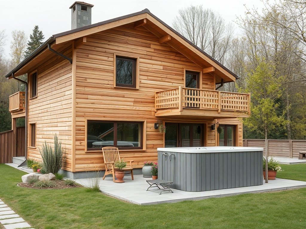 Деревянный дом с балконом и джакузи на заднем дворе, окружённый зелёной травой и растениями.