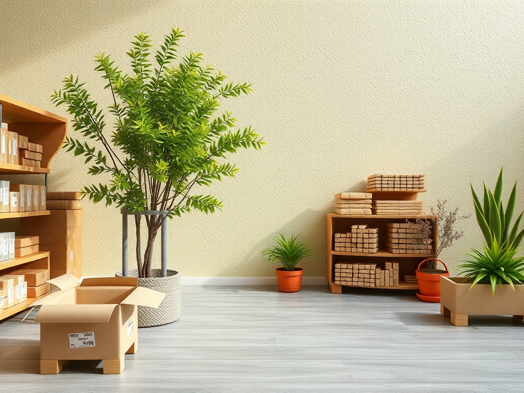Светлое помещение с растениями, полками и коробками, создающее уютную атмосферу.
