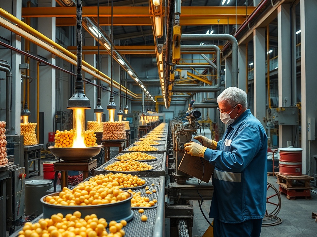 Рабочий в маске проверяет продукцию на заводе, окружённый желтыми круглыми изделиями и ярким светом.