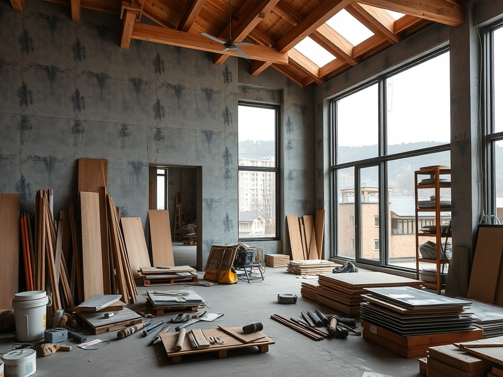 Просторное помещение с большим количеством строительных материалов и окнами, пропускающими много света.