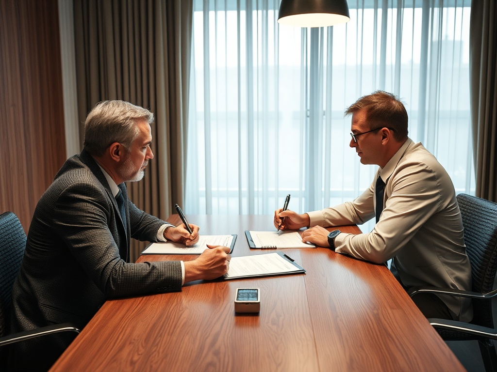 Два бизнесмена обсуждают документы за столом в офисе, записывая важные моменты на блокнотах.