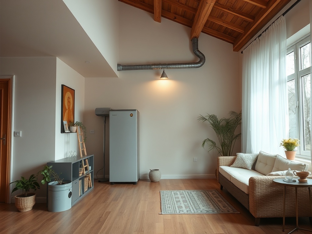 Светлая комната с высоким потолком, мягким диваном и кухонной техникой. Растение в углу добавляет уют.