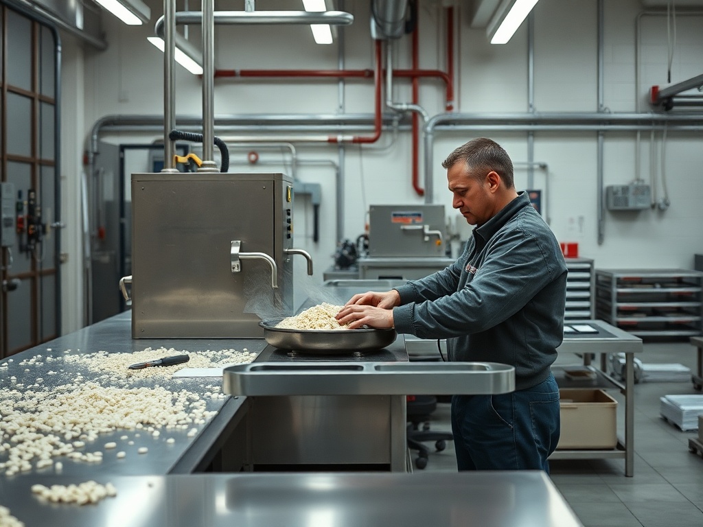 Человек в рабочей одежде готовит продукт в промышленной кухне, вокруг разбросаны кусочки.