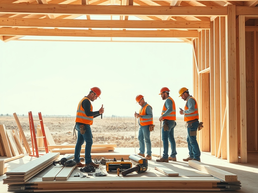 Четыре строителя в касках и светоотражающих жилетах работают на строительной площадке, осматривая материалы.