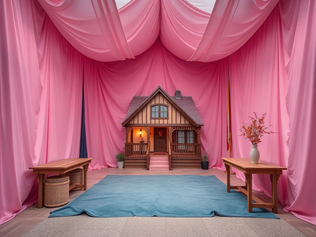 В интерьере с розовыми шторами стоят игрушечный домик и деревянные столы с вазой и цветами.
