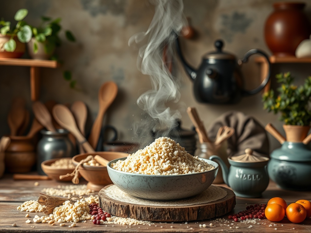 На столе стоит чаша с горячим рисом, вокруг - кухонные принадлежности и зелень. Тепло и уют атмосферы.