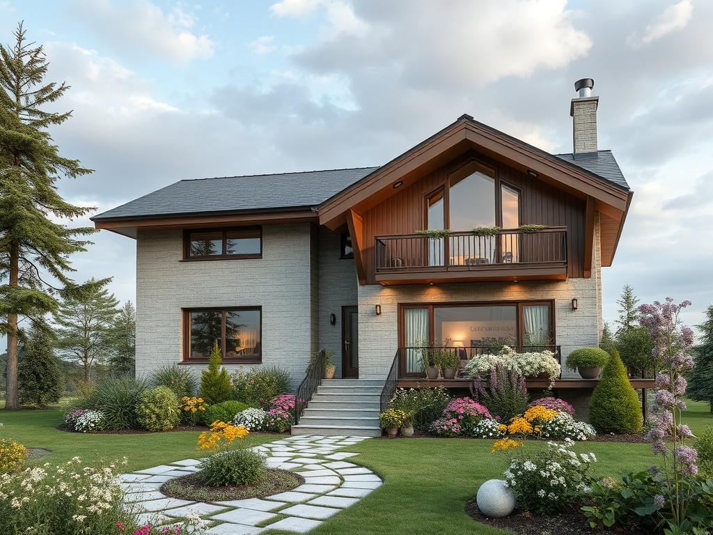 Современный дом с цветочной клумбой и ухоженным газоном, окруженный зелеными деревьями.