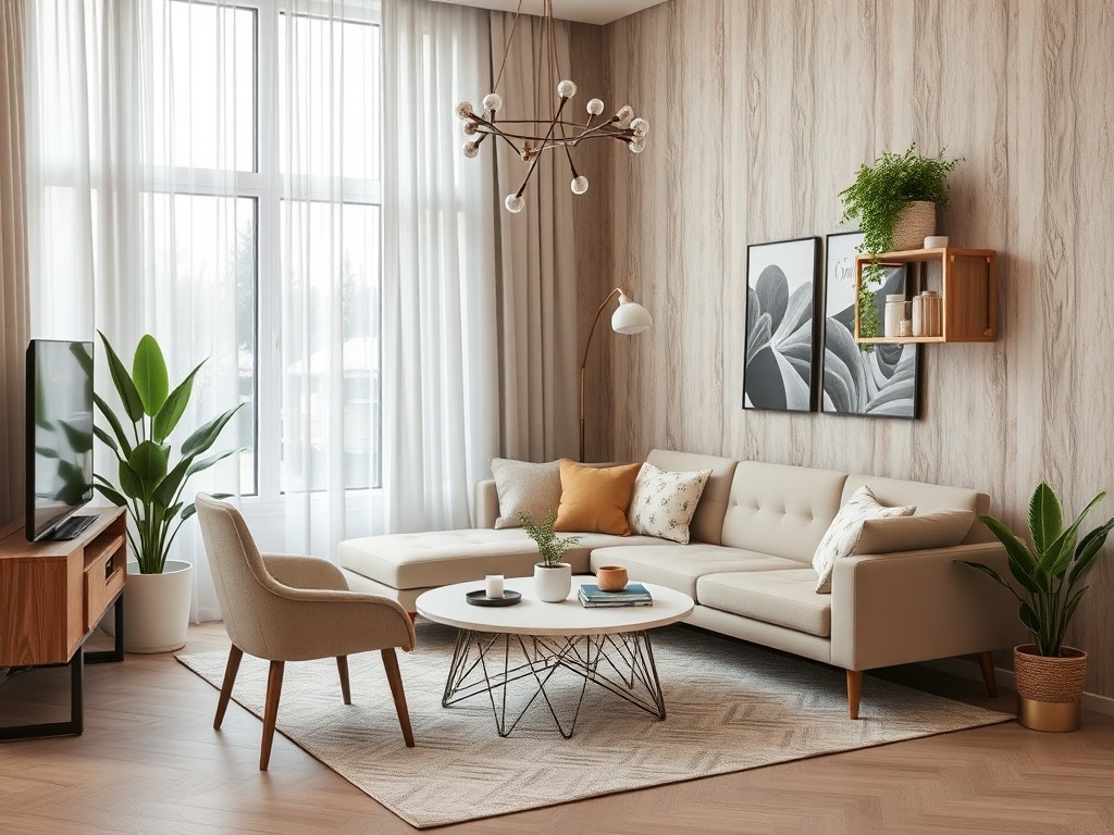 Современная гостиная с большим окном, растениями, мягким диваном и стильным столом. Уютная атмосфера.