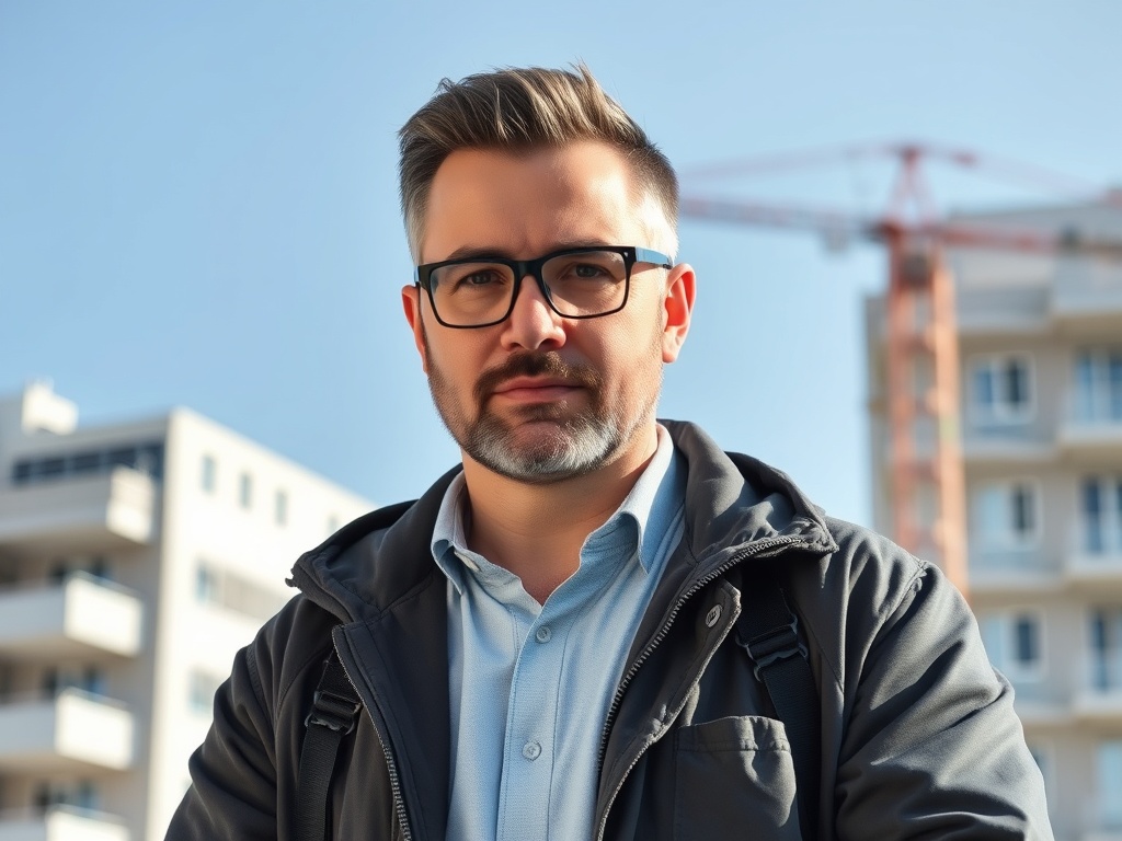 Мужчина с короткой стрижкой и очками на фоне строительного объекта и ясного неба.