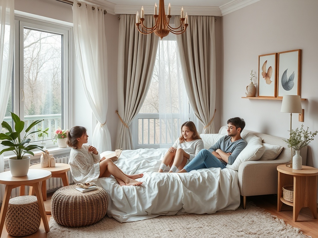 Трое людей беседуют в уютной комнате с большими окнами и светлой обстановкой.