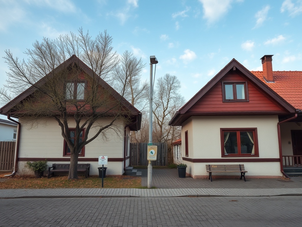 Два дома с крышей красного цвета и деревьями на фоне ясного неба. Место выглядит аккуратно и уютно.