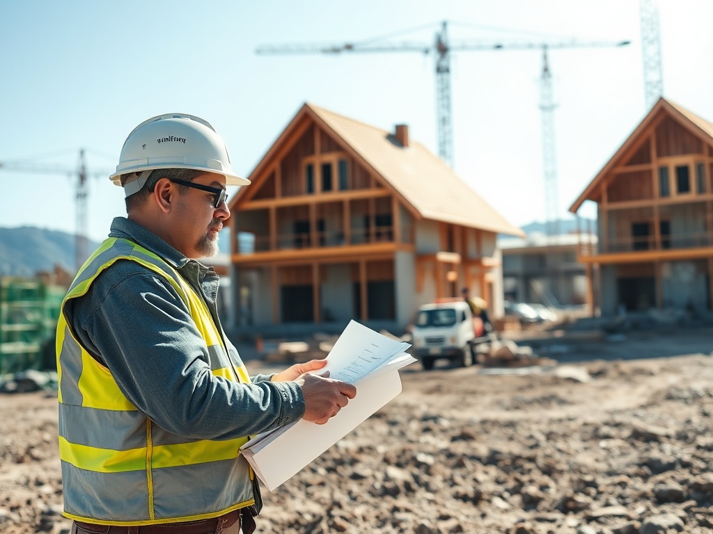 Строитель в каске и жилете проверяет документы на строительной площадке рядом с новыми домами.