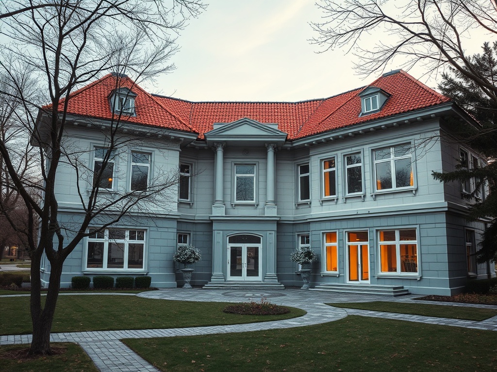 Большой дом с черепичной крышей, яркими окнами и ухоженным участком вокруг. Осень, деревья без листвы.