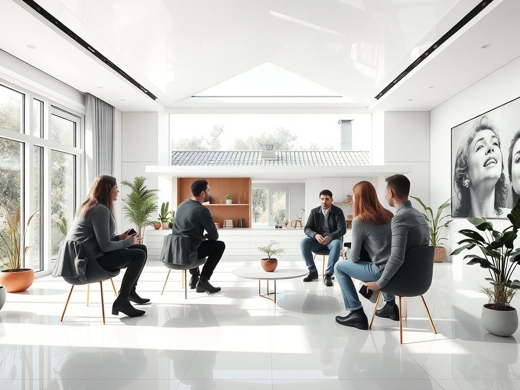 Группа людей обсуждает что-то в светлом современном помещении с большими окнами. На стене – картина.