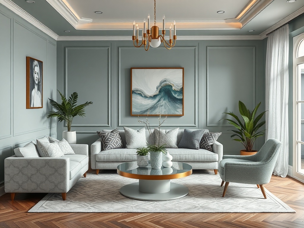 Современный стильный интерьер гостиной с серыми диванами, картинами и зелеными растениями.