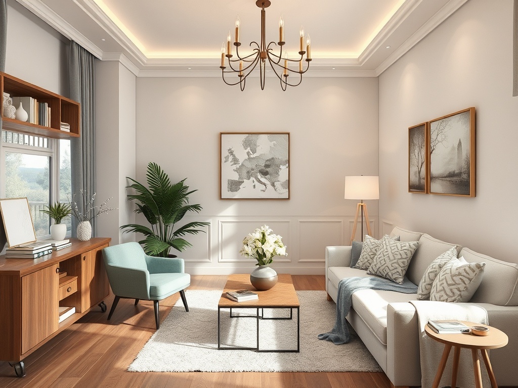 Современный светлый интерьер с диваном, креслом, деревянной мебелью и красивыми растениями.