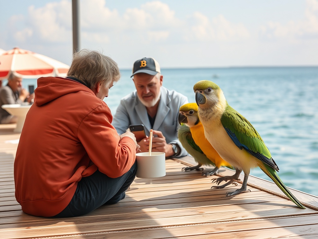 На веранде отдыхают двое мужчин, общаясь с яркими попугаями у воды.