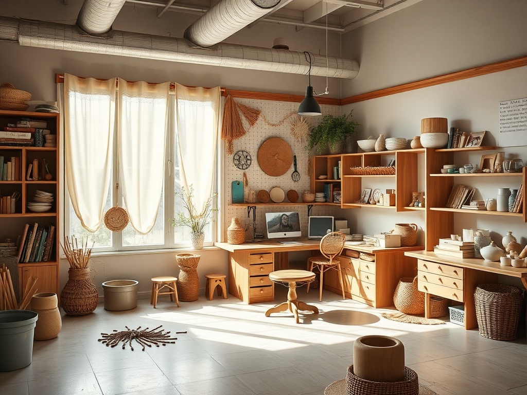 Светлый и уютный кабинет с деревянной мебелью, растениями и декоративными аксессуарами на полках и столе.