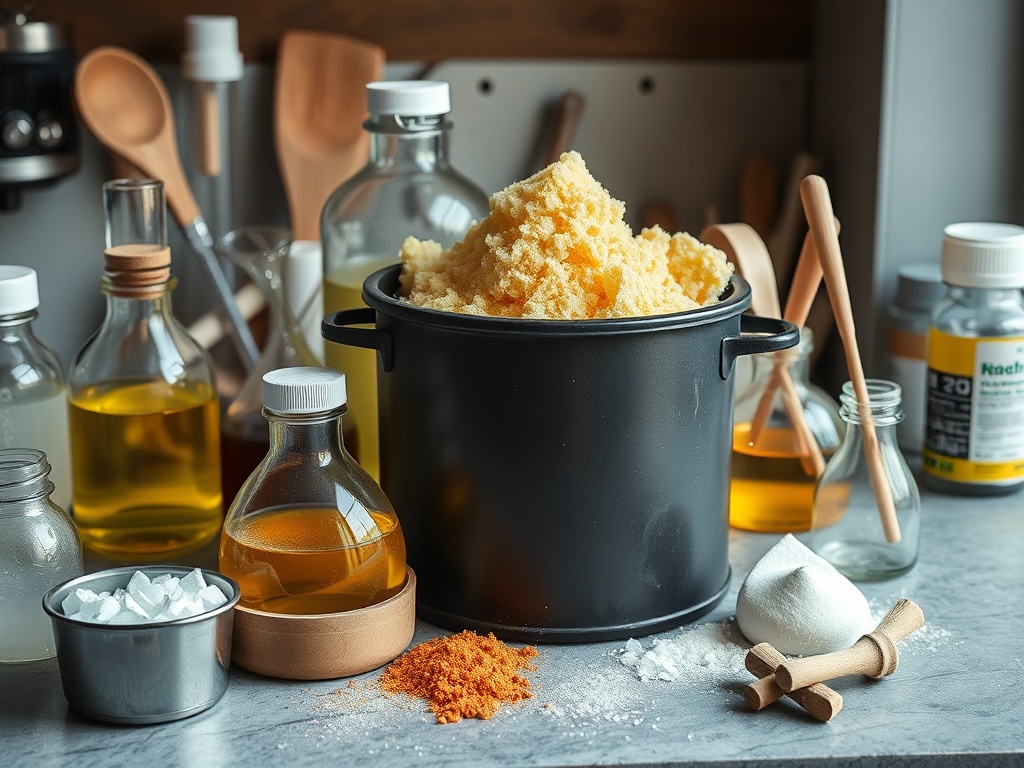 На столе черная кастрюля с крупой и рядом бутылки с маслами, сахаром и специями. Всё для кулинарии.