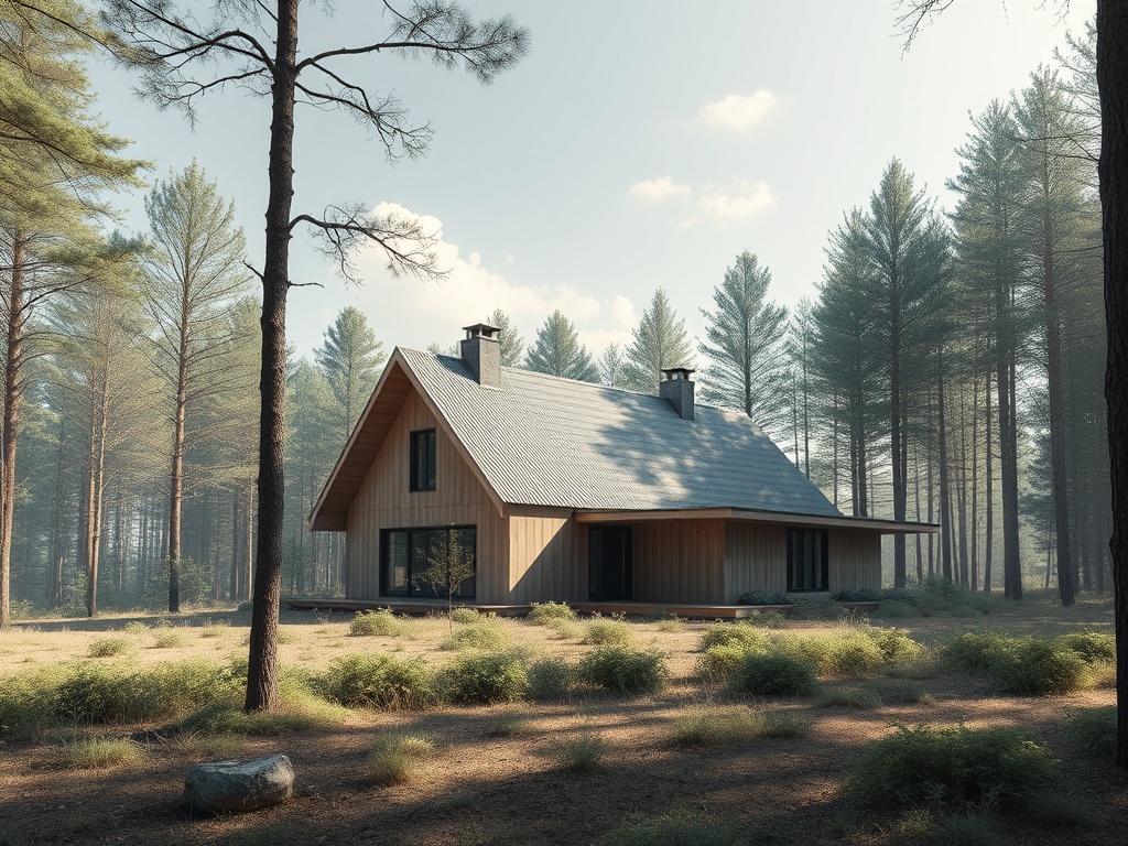 Современный дом из дерева среди сосен, окружённый зелёной растительностью и лёгким утренним туманом.