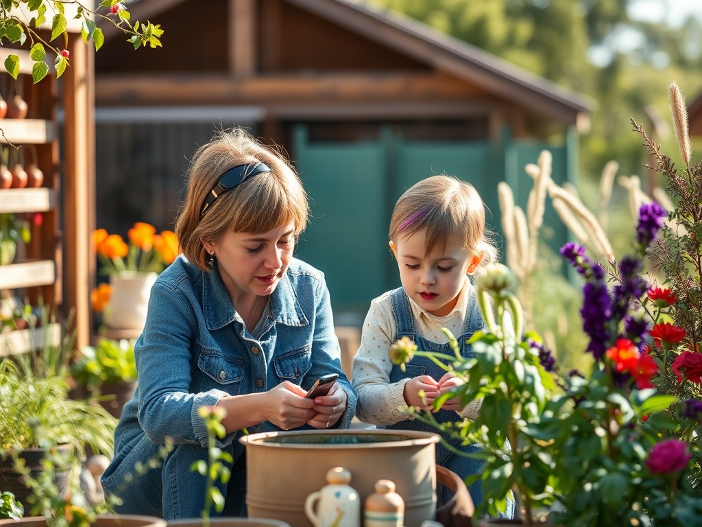 Мама и дочка занимаются садоводством на солнечном участке, окруженном яркими цветами и растениями.