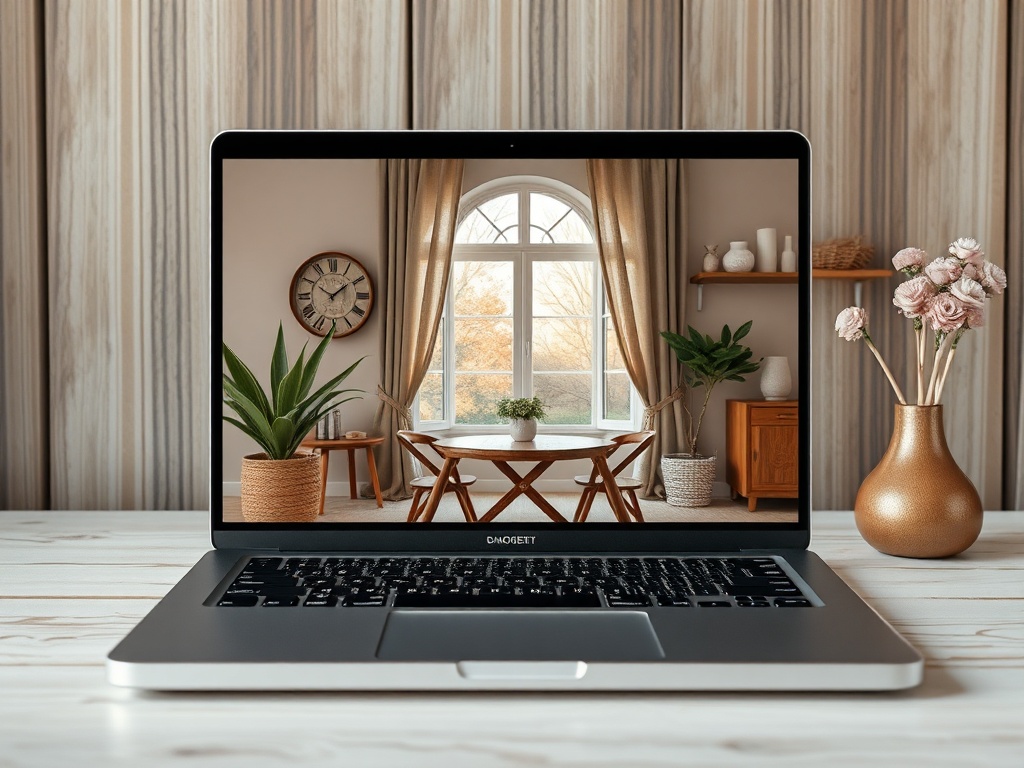 Ноутбук на столе с экраном, показывающим уютный интерьер комнаты с растениями и мебелью.