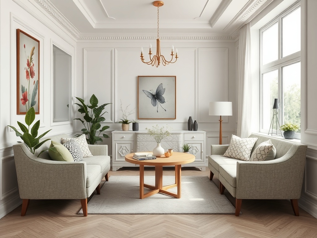 Современная гостиная с двумя диванами, круглым столом и растениями, оформленная в светлых тонах.