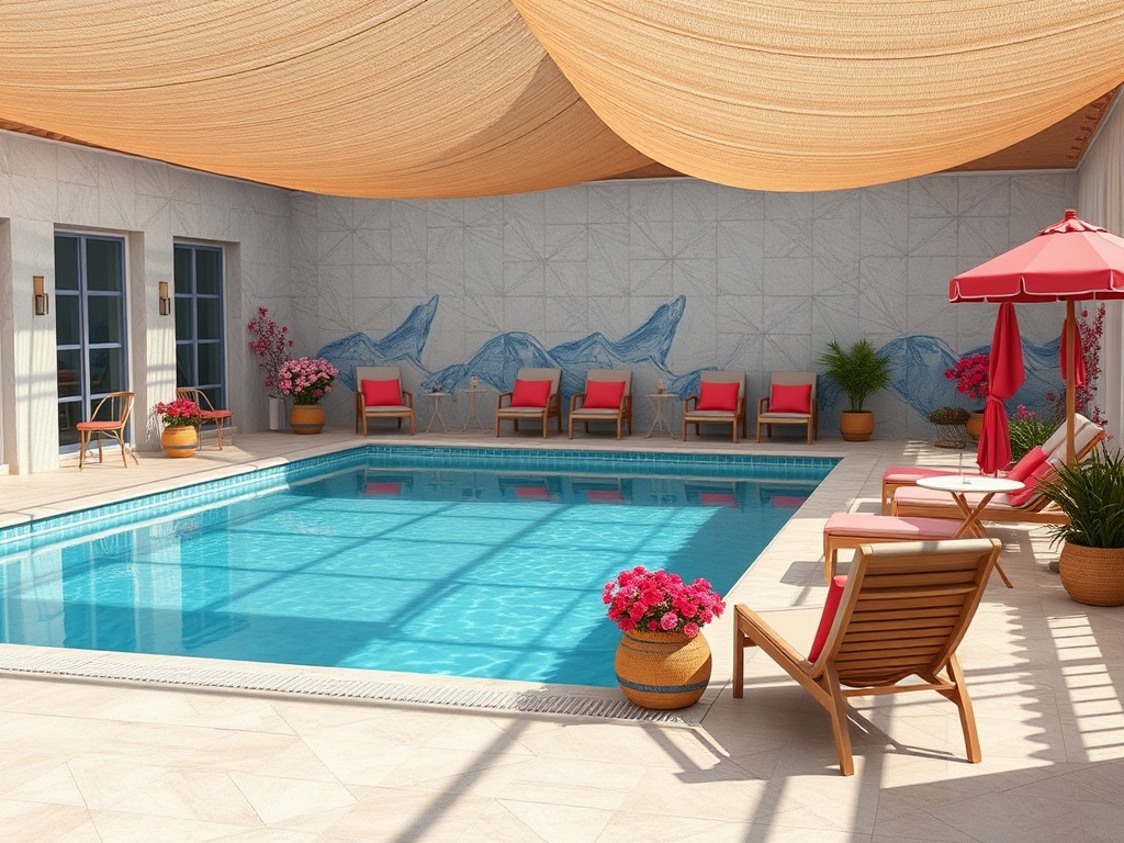 Закрытый бассейн с лежаками и зонтами, окруженный растениями и цветами под светлым навесом.