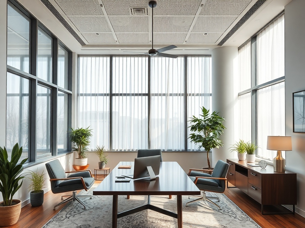 Современный офис с большими окнами, деревянным столом и растениями в стильном интерьере.