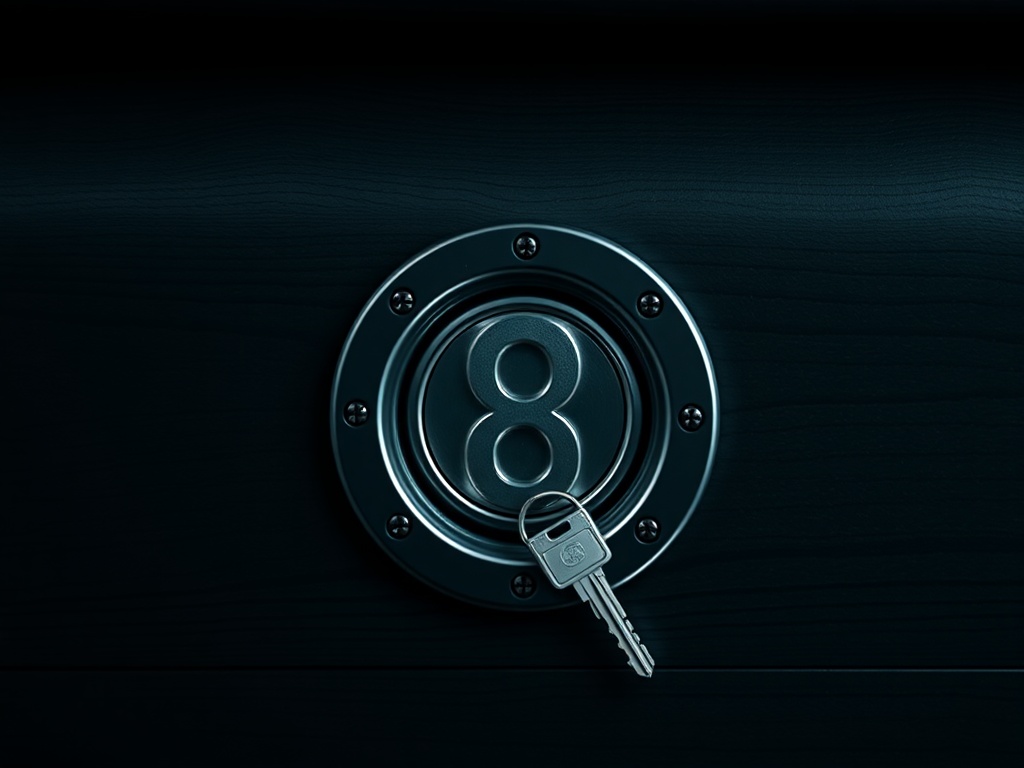 Ключ и замок с цифрой 8 на черном фоне, создающие таинственную атмосферу.