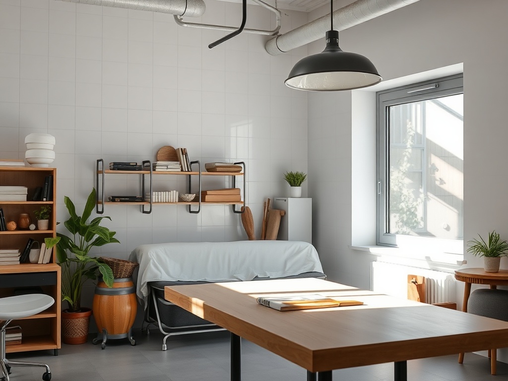 Современный светлый интерьер с деревянной мебелью, растениями и настенными полками. Уютная атмосфера.